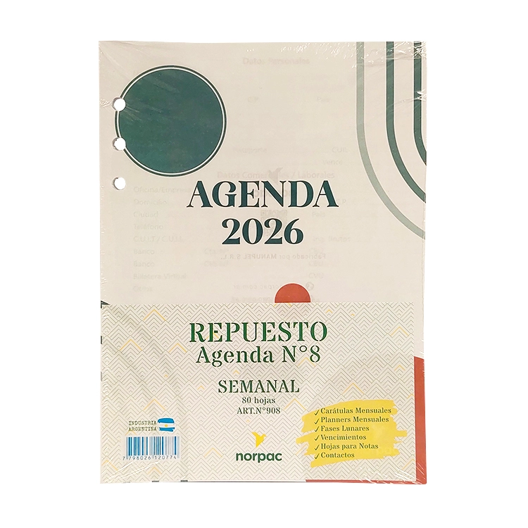 Repuesto para Agenda Norpac 2026 N°8 Semanal Art.ARE908